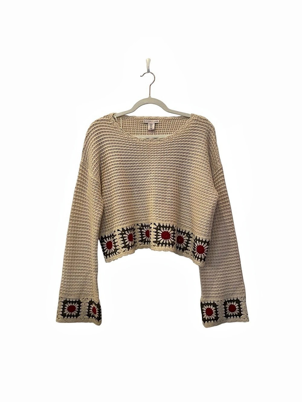 Sincerely Jules Floral Cropped Sweater in Beige & Red Size Medium